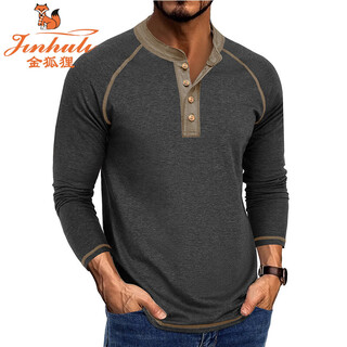 Golden fox high-quality business european and american men's long-sleeved round neck t-shirt men's bottoming shirt autumn and winter men's henry t-shirt dark gray s