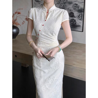 She plays new chinese style improved cheongsam for women summer knitted jacquard cheongsam with huge collar and beautiful dress light apricot m