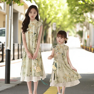Xiu silk road chinese style parent-child clothing hanfu hanfu parent-child clothing 2025 summer new style family of three new chinese style father and son shirts women's sleeveless skirt/men's suit (yellow bottom printing) 140 girls choose one size larger than your height