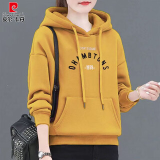 Pierre cardin women's velvet thickened sweatshirt new women's autumn and winter warm pullover hooded age-reducing printed long-sleeved top yellow velvet style 2xl recommended 120-135jin jin equals 0.5 kg