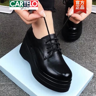 Cartelo brand shoes thick-soled small leather shoes for women 2025 spring and autumn new arrival platform wedge single shoes fashionable mother women's high heels black 38