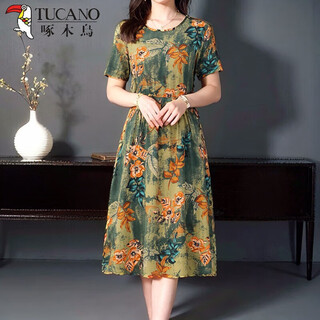 TUCANO; Woodpecker cotton silk dress for middle-aged and elderly women in summer 2025 new short-sleeved medium-length large-size loose floral-covering skirt. Thin 683-5 color thin XL [90-110Jin [Jin equals 0.5 kg]]