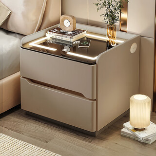 Smart bedside table for home bedroom 2025 new light luxury and high-end sense master bedroom wireless charging solid wood storage cabinet khaki + slate (non-functional model) length 50*width 40*height 50 (solid wood drawer)
