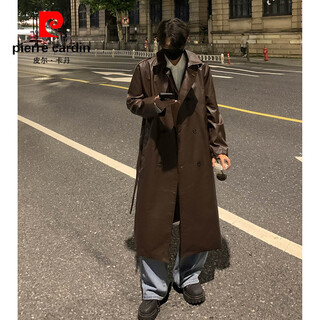 皮尔卡丹（pierre cardin）黑色痞帅pu皮风衣男款2025新款谢尔比大衣中长款高级感英伦风外套 咖啡色 S