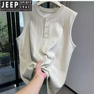 Jeep spirit henry collar tough guy style vest american heavyweight cotton washed sleeveless waistcoat t-shirt men's fitness sports undershirt beige green 2xl 170-190jin jin equals 0.5 kg