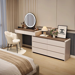 Solid wood painted dressing table cream style bucket cabinet bedroom simple modern 2025 new dressing table integrated dressing table milk white + walnut 120 table + 120 cabinet + makeup mirror + makeup stool