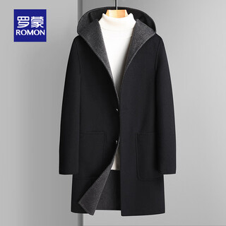 High-end light luxury romon brand hooded woolen coat men's winter reversible wool windbreaker mid-length double-sided cashmere woolen casual coat black reversible 70% wool 180/xl 135-150jin jin equals 0.5 kg