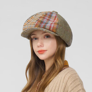 Kenmont sheep wool stitching backward plaid beret women's warm octagonal painter's hat with duck tongue and small face km-5272