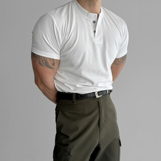 David&me white henry collar slim stretch short-sleeved t-shirt men's american heavyweight trendy brand thin bottoming t-shirt top white m