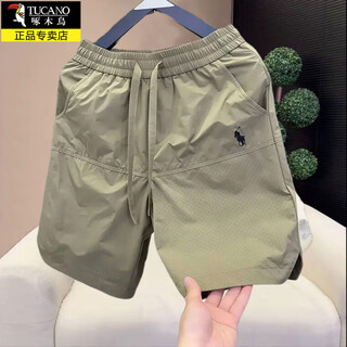 Woodpecker summer men's quick-drying breathable five-feng pants perforated casual versatile simple embroidered shorts 25533 khaki green xl about 140-155jin jin equals 0.5kg