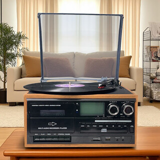 Heritage family tape player, vinyl cd all-in-one multi-function playback vinyl record player, retro gramophone, home bluetooth audio, oak black panel + multi-function all-in-one machine, free 1 cd (no vinyl)