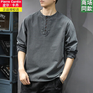 Pierre cardin autumn trendy brand retro henley collar long-sleeved t-shirt men's loose large size heavyweight pure cotton casual sweatshirt bottoming shirt ins charcoal gray brand off code limited time sale xl suitable weight 145160jin jin equals 0.5 kg