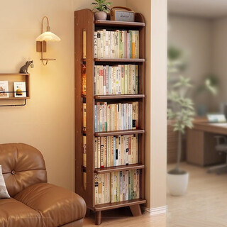 Zhuyin solid wood bookshelf floor-standing storage rack simple bookcase home living room multi-layer display rack bedroom sandwich storage rack six layers walnut color 43*185 (imported rubber wood)