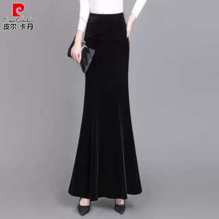 Pierre cardigan long gold velvet skirt fishtail skirt spring draping effect slimming tall women hip-covering long skirt showing temperament black 2xl 140-155