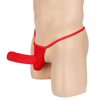 Men's ultra-thin transparent ice silk underwear with jj set thong sexy see-through elephant trunk opening t pants mid-waist u protrusion red set opening one size