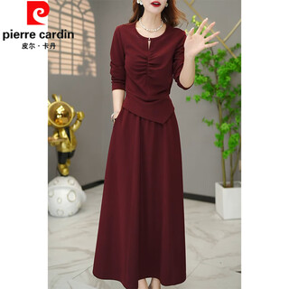 Pierre cardin ancora red suit dress women 2025 autumn new style grandma's wedding suit dress skirt knitted burgundy two-piece set xl recommended 116-125 jin jin equals 0.5 kg