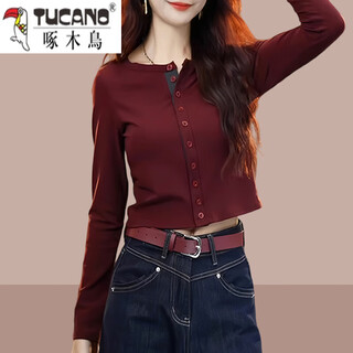 Woodpecker european ancora red long sleeve t-shirt women's autumn and winter 2025 new single breasted contrast color slim short bottoming top red xl recommended 120-130jin jin equals 0.5 kg