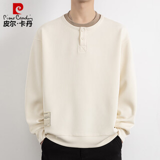 Pierre cardin fake two-piece sweatshirt for men 2025 spring and autumn henley collar inner layering shirt long-sleeved t-shirt top knitted off-white 3xl (approximately 160-180jin jin equals 0.5kg can be worn)