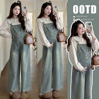 Pregnant women autumn suit fashion suit loose baby doll shirt maternity shirt top denim maternity overalls suit denim overalls xl125-140