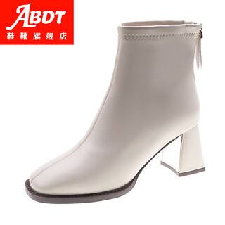 Abdt genuine leather soft-soled short boots for women in autumn and winter new ankle boots square toe thick heel versatile winter high-heeled women's shoes off-white velvet rubber sole 36 standard size