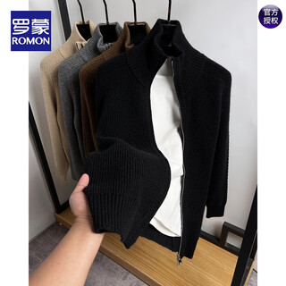 Romon double zipper turtleneck cardigan men's sweater autumn and winter thick sweater jacket men's solid color thick sweater men's black xl 175