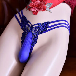 Banfishi pure desire japanese sexy thong men's jj set butterfly pattern sexy one-piece lace underwear low waist large size royal blue one size set opening butterfly thong