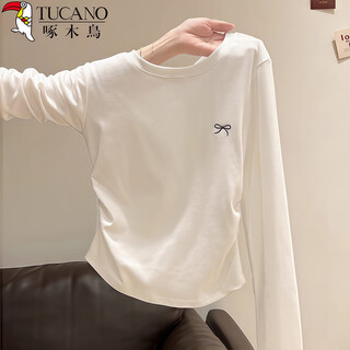 Woodpecker right shoulder long sleeve t-shirt women's round neck bow embroidery autumn new pleated waist bottoming top white l