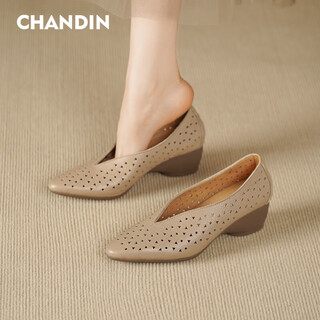 Asamachi sheepskin hollow wedge grandma shoes for women summer new style pointed toe thick sole medium heel retro shallow mouth single shoes fashion leather shoes apricot 37