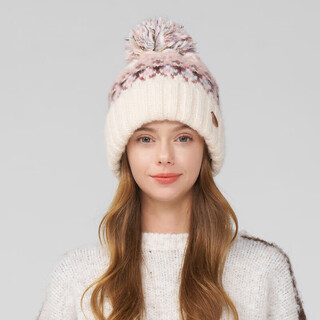 Kenmont dopamina color jacquard lindo gorro con bola de piel para mujer más terciopelo cálido doble capa protección para los oídos gorro de punto km-9529