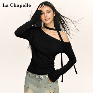 La chapelle 2025 new spring and autumn oblique shoulder off-shoulder waist design long-sleeved bottoming shirt women's top black l