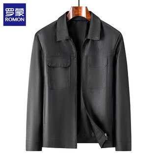 Romon men's leather jacket 2025 autumn new middle-aged business casual lapel pu leather jacket men's top black 2xl (175)