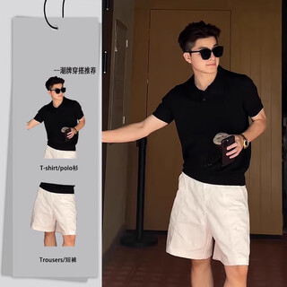 Tulan old money style outfit suit for men 2025 new american henry collar knitted short-sleeved men's thin linen shorts, a set of two, black polo shirt + white shorts xl (suitable for 130-145 jin jin equals 0.5 kg
