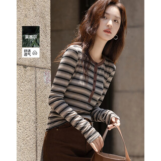 Demana breathing lyocell autumn retro casual korean style round neck striped button slim slim slightly elastic women's t-shirt