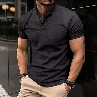 Zailu tough guy style t-shirt men's slim fit muscular fitness henley shirt summer short-sleeved men's business commuting top black l l100-120jin jin equals 0.5 kg
