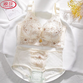Langsha spring and summer embroidered bra underwear women's new small breast thick style gathered small breast wire adjustable set women's bra champagne set 75b 34