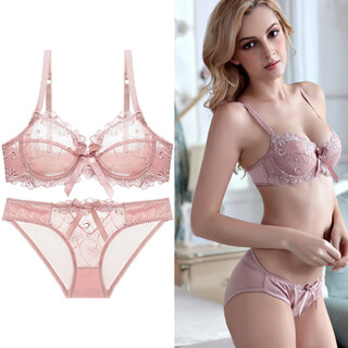 Victoria palace ultra-thin sexy bra transparent bow lace bra big breast look small large size push-up sexy underwear set lotus root pink 80b/36b with l size panties