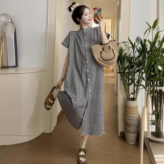 Lu rang song maternity dress summer short sleeve maternity wear retro plaid loose shirt large size long skirt temperament outerwear plaid shirt dress l size (100-130 jin jin is equal to 0.5 kg)