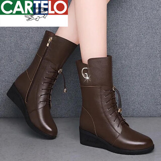 Cartelo crocodile (cartelo) wedge boots women's mid-calf boots soft leather women's shoes fashion short boots 2025 martin boots autumn and winter mother's cotton boots brown plus velvet 38