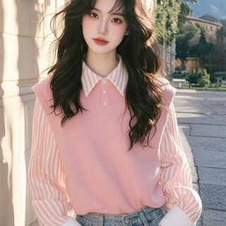 Purple xinyue design pink striped patchwork shirt is popular this year and super good-looking. 2025 autumn is unique, beautiful and stylish for age reduction. fake two pink striped shirts. l recommended 100-120 jin jin equals 0.5 kg
