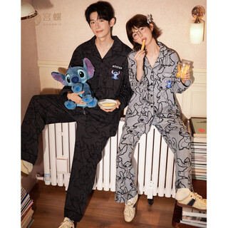 Gongdie light and soft disney stitch spring and autumn couple pajamas women's long sleeve cotton home clothing suit men's