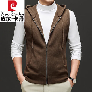 Pierre cardin old money style wool mulberry silk hooded sweatshirt vest for men spring and autumn sweater jacket men's sleeveless vest vest coffee color 2xl
