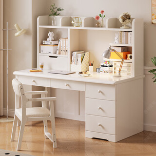 Huixun modern simple solid wood desk with bookshelf and bookcase combination writing desk study table home bedroom student computer desk ivory white desk + bookshelf 120cm*60cm*75cm total height 135cm