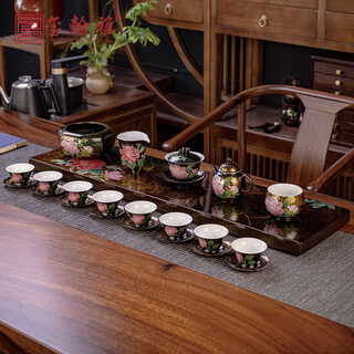 Royhoye fuzhou intangible cultural heritage lacquer hand-painted peony flowers complete set of tea sets for home kung fu tea making equipment high-end gift box gift set 22 pieces - hand-painted peonies