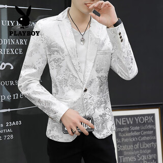 Playboy (playboy) floral suit men's korean version slim fit bronzing spring and autumn trendy small suit nightclub hairstylist top trendy jacket 1999 white m