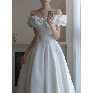 Foyhao french satin light wedding dress one-shoulder late girl new birthday adult ceremony engagement princess white white xl