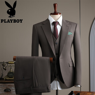 Playboy suit men's 2025 winter thick business professional formal wear british fashion groom wedding suit high-end tea gray three-piece suit l 50