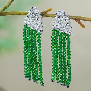 Lolia natural jade a grade silver inlaid fashionable long style luxury inlaid ice spicy green high ice jade millet beads tassel earrings earrings