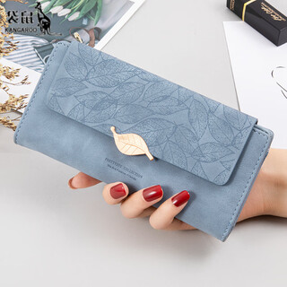 Kangaroo wallet women's long 2025 new niche design simple retro frosted leaf women's wallet fashion clutch blue
