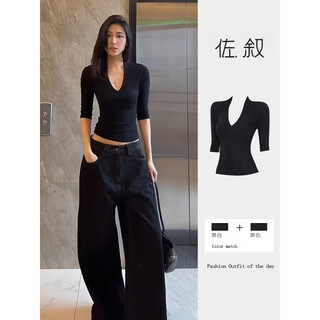 Zuosu french design niche t-shirt for women 2025 summer chic pure lust hottie v-neck slim short mid-sleeve top black m (80-100jin jin is equal to 0.5 kg)