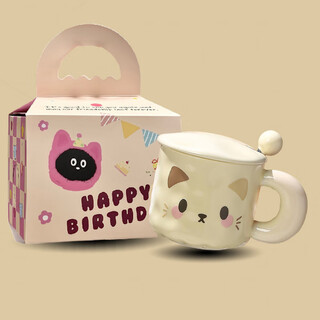Meikejie cute fufu kitten mug with lid ceramic water cup as a birthday gift for girls, good-looking and meaningful gift cat coffee-yellow powder cup + lid spoon exquisite portable box